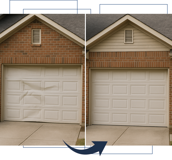 Before and after garage door repair showing improved look and function.